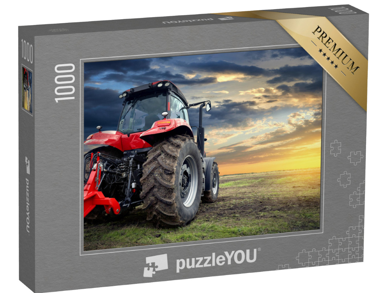 Puzzle 1000 Teile „Traktor bei Sonnenuntergang, moderner Traktor in Großaufnahme“