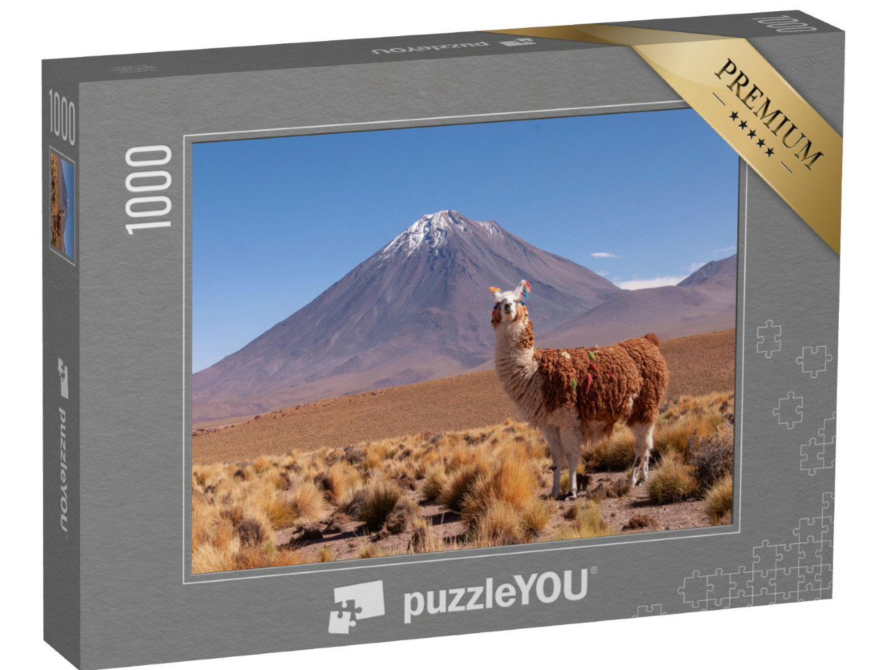 Puzzle 1000 Teile „Lama, hinter ihm der Vulkan Licancabur an der Grenze zwischen Bolivien und Chile“