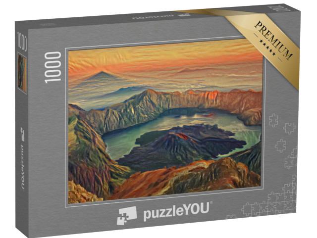 Puzzle 1000 Teile „im Stil von Edvard Munch, Der Schrei - Sonnenaufgang vom Berg Rinjani, Lombok, Indonesien“