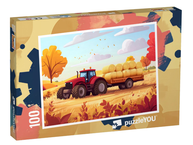 Puzzle 100 Teile „Ein Bulldog-Anhänger voller goldener Strohballen“