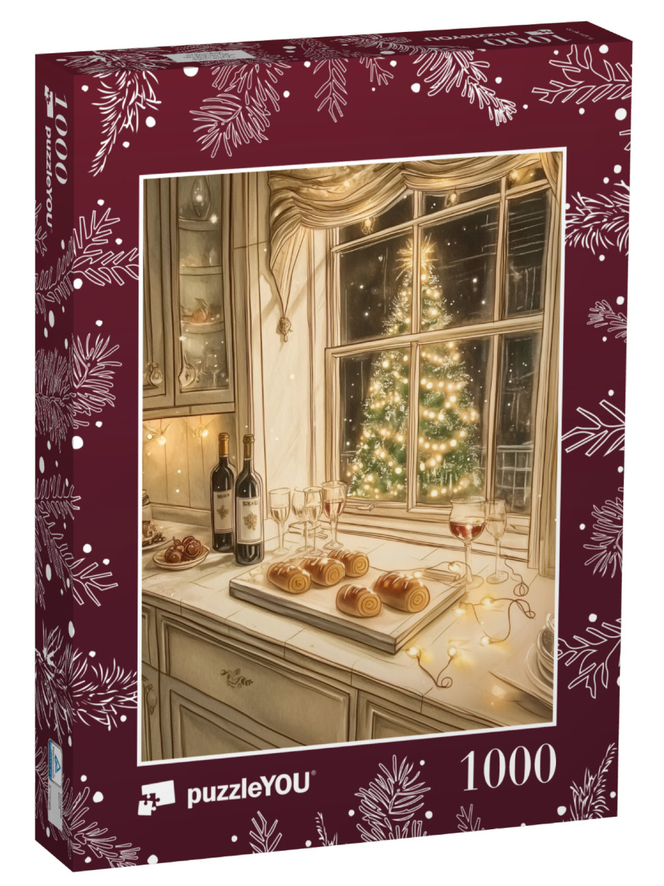 Puzzle 1000 Teile „Alles leuchtet: Zimtschnecken und Wein am Heiligabend“