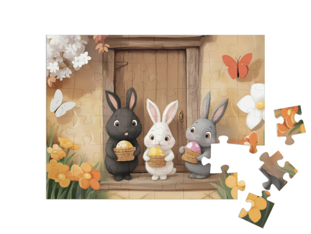 Puzzle 48 Teile „Die Hasenkinder haben ihr Osternest gefunden“