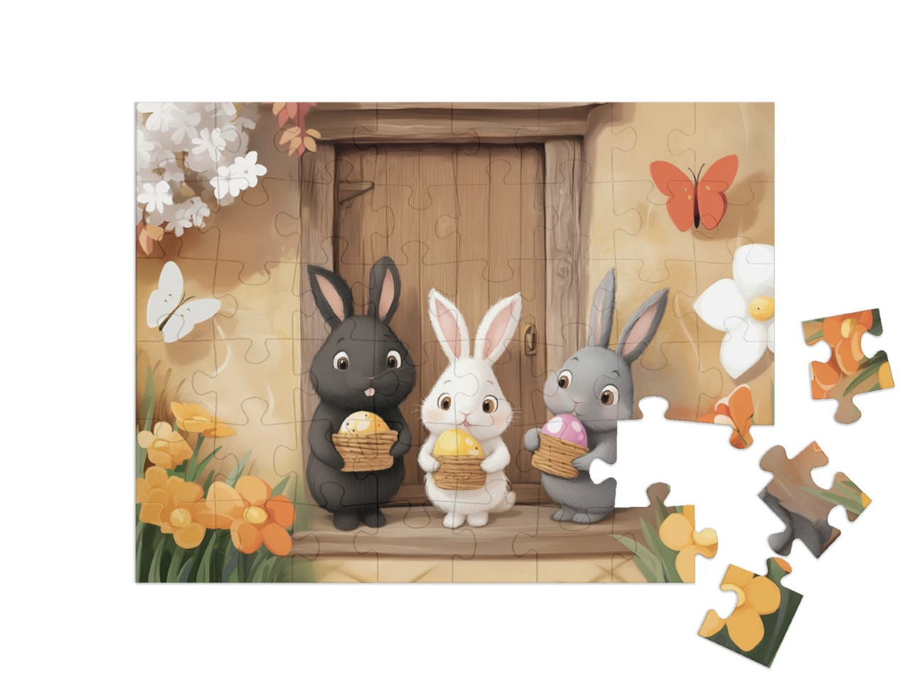 Puzzle 48 Teile „Die Hasenkinder haben ihr Osternest gefunden“