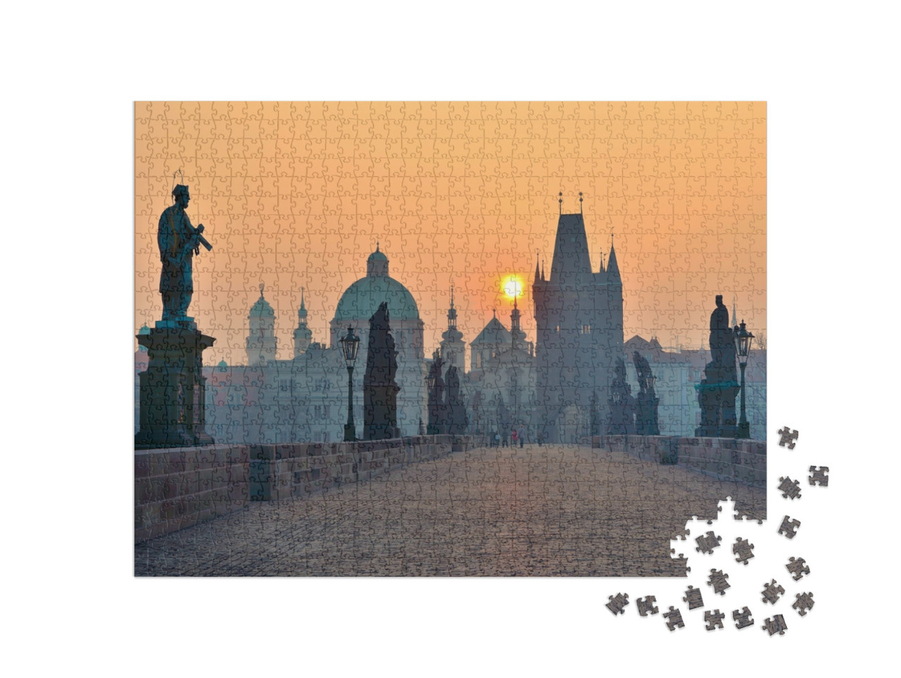 Puzzle 1000 Teile „Sonnenaufgang über Prag - Blick von der Karlsbrücke“