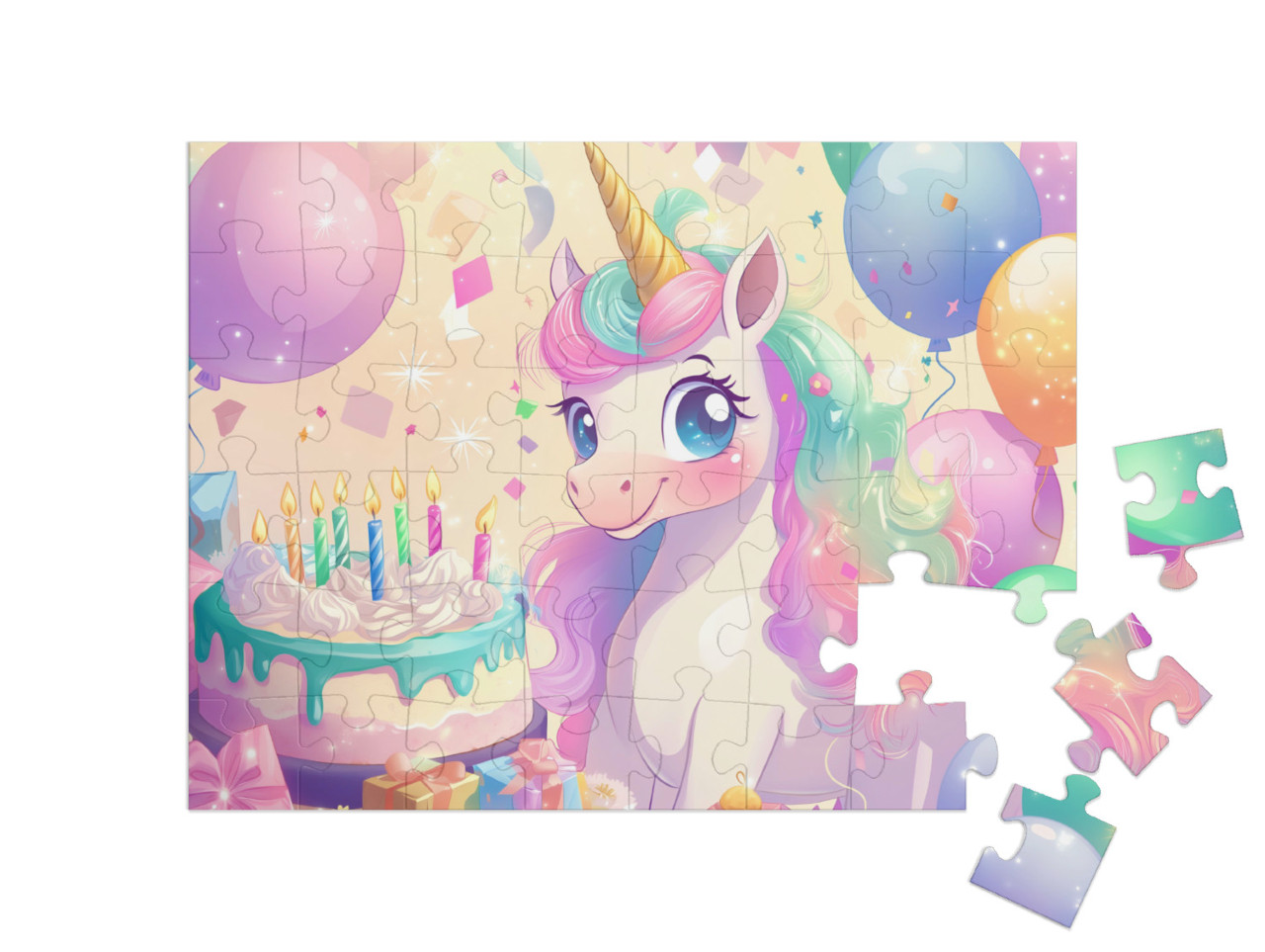 Puzzle 48 Teile „Einhorn Bella feiert Geburtstag mit Torte und Ballons“