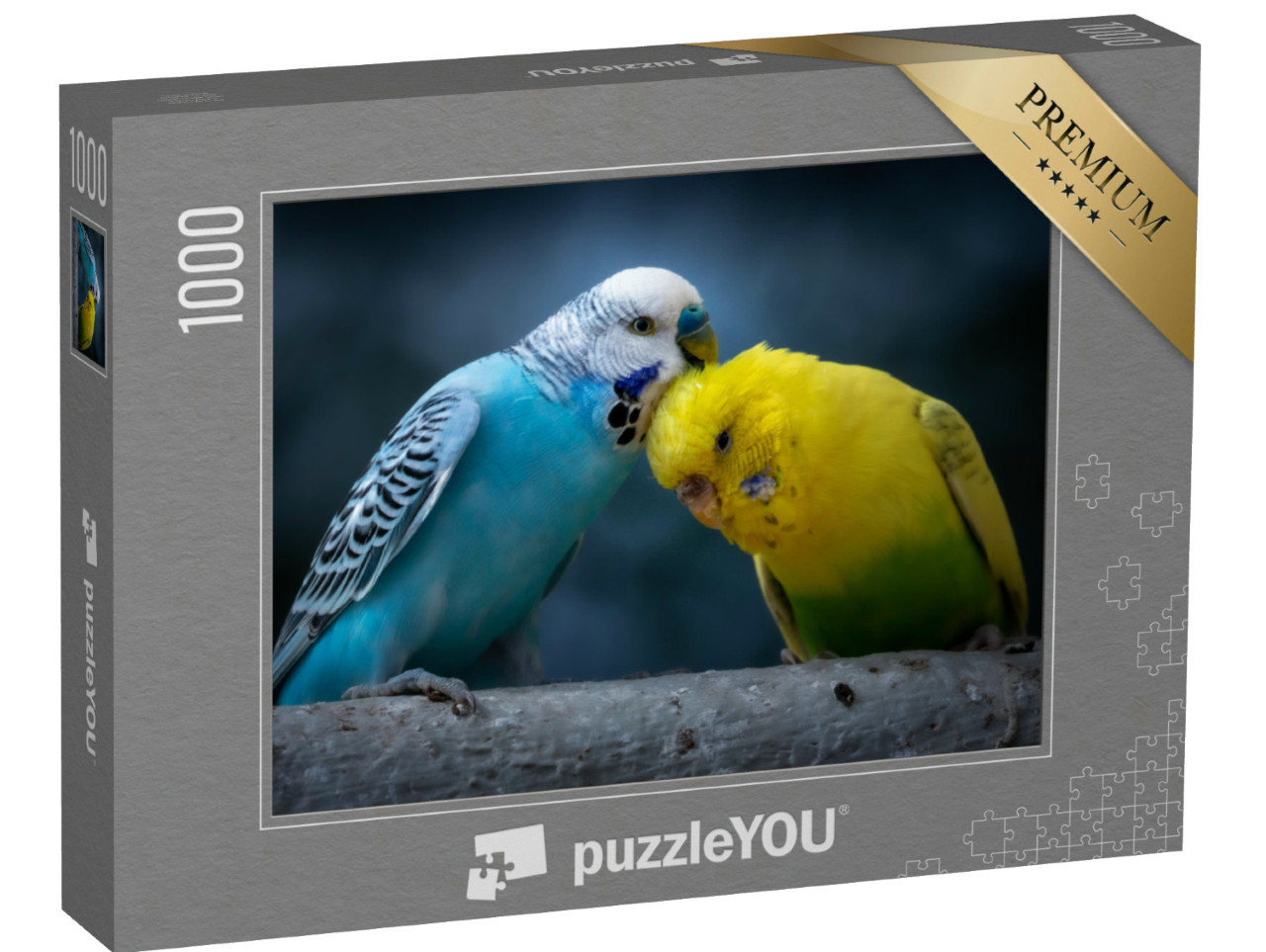 Puzzle 1000 Teile „Porträt eines blauen Wellensittichs und eines gelbgrünen Wellensittichs auf einem Ast“