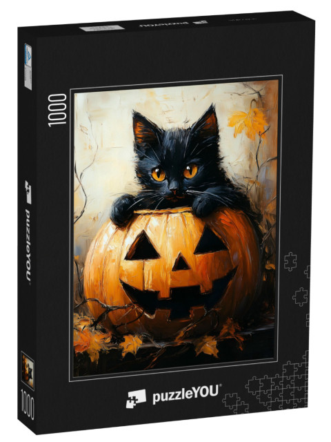 Puzzle 1000 Teile „Schwarze Katze im Kürbis Halloween“