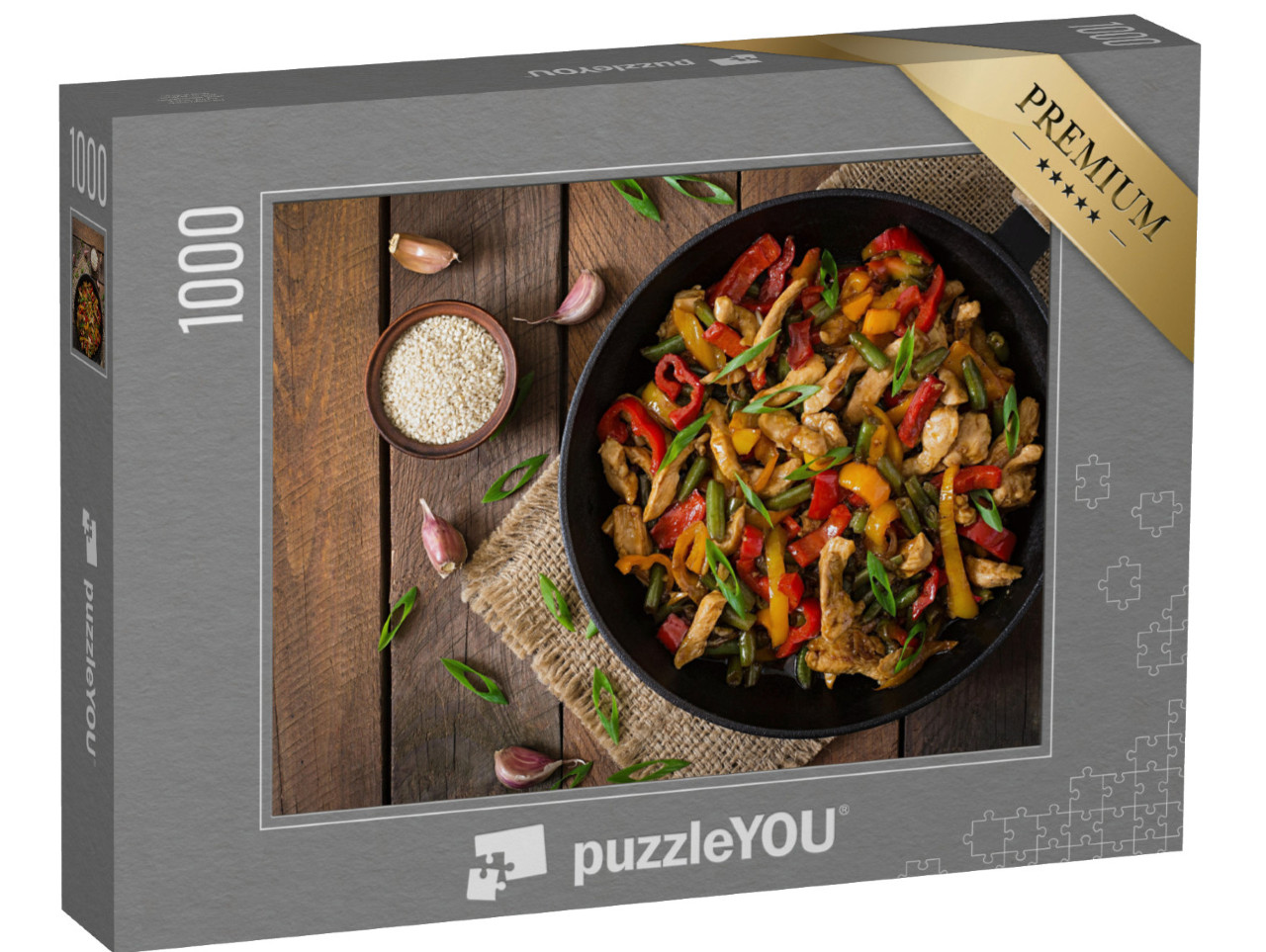 Puzzle 1000 Teile „Gebratenes Hähnchen, Paprika und grüne Bohnen“