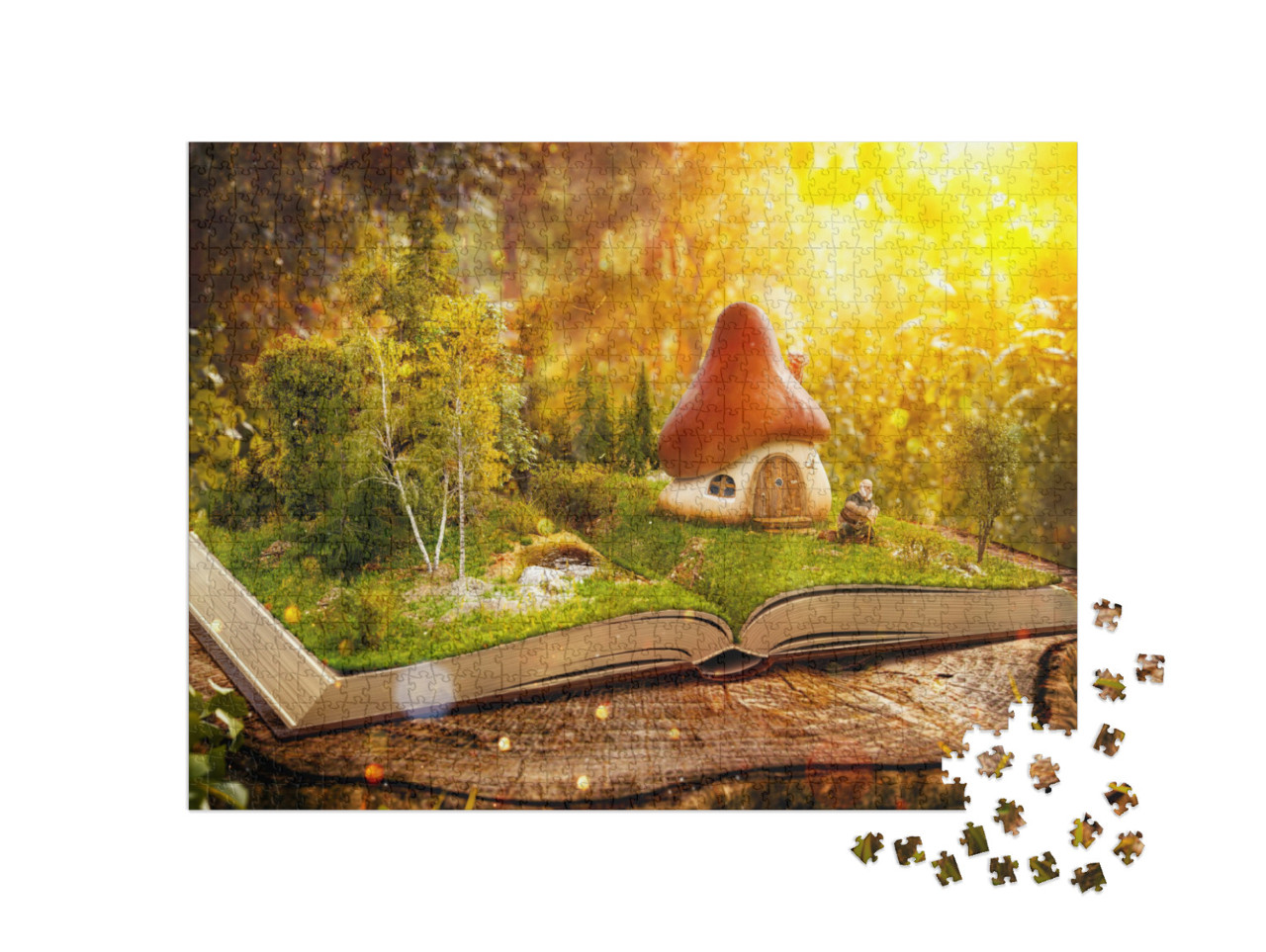Puzzle 1000 Teile „Digitale Kunst: Magisches Pilzhaus im verwunschenen Bücherwald“