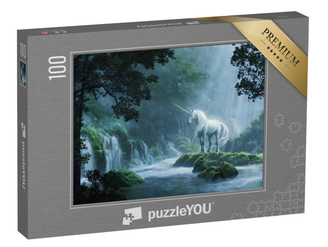 Puzzle 100 Teile „Ein schönes Einhorn in einem magischen Wald, digitale Illustration“