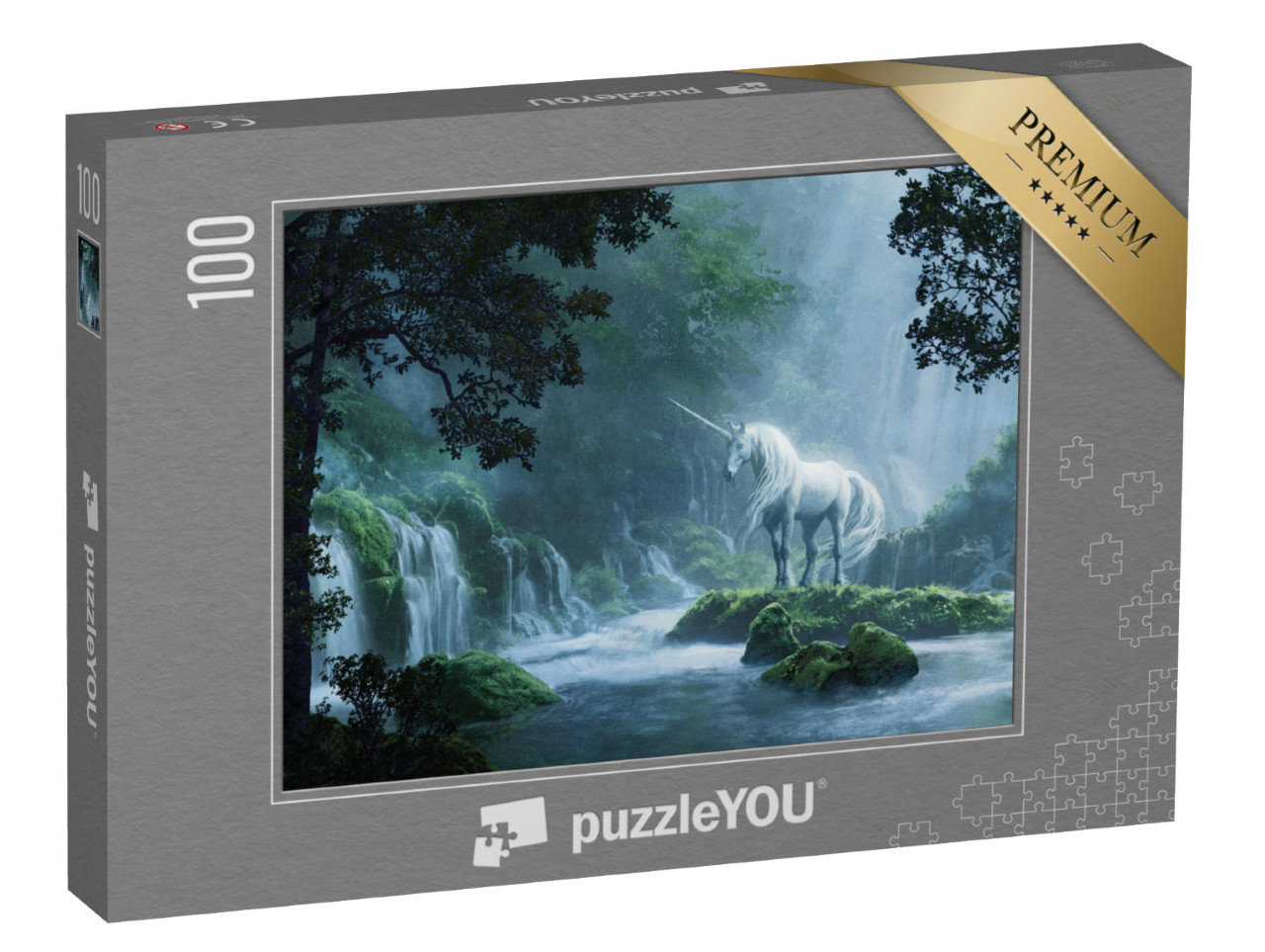 Puzzle 100 Teile „Ein schönes Einhorn in einem magischen Wald, digitale Illustration“
