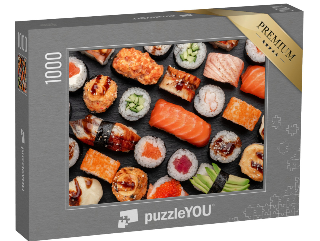 Puzzle 1000 Teile „Assortierte Sushi Nigiri und Maki auf Schieferplatten“