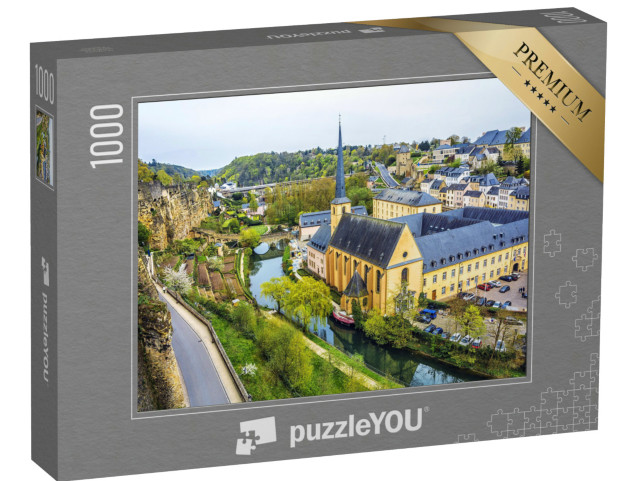 Puzzle 1000 Teile „Panoramablick auf Luxemburg Stadt mit Fluss Alzette und Kirche St. Jean du Grund“