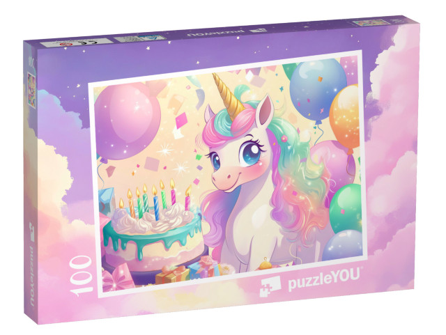 Puzzle 100 Teile „Einhorn Bella feiert Geburtstag mit Torte und Ballons“