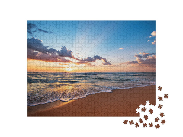 Puzzle 1000 Teile „Sonnenaufgang am Meer, Strand, Wellen“