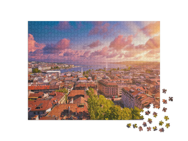 Puzzle 1000 Teile „Genf im Sonnenuntergang“