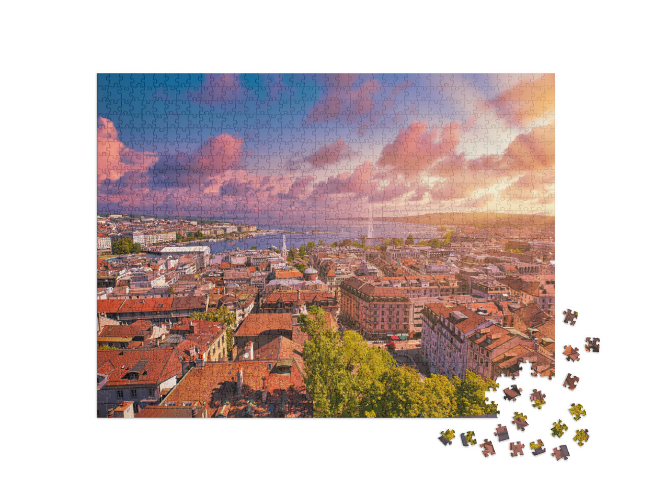 Puzzle 1000 Teile „Genf im Sonnenuntergang“