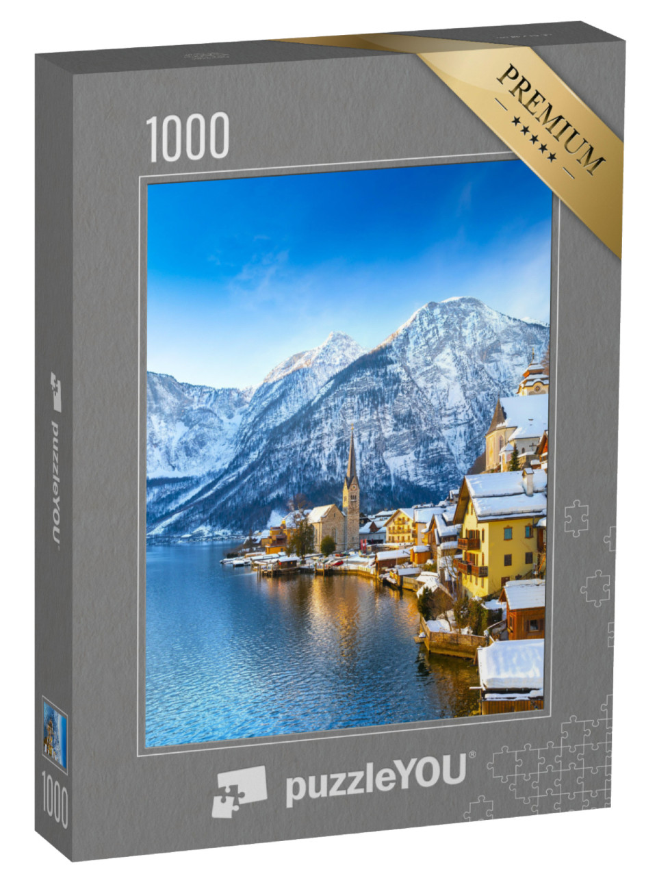 Puzzle 1000 Teile „Hallstadt an einem schönen kalten sonnigen Tag mit blauem Himmel, Österreich“