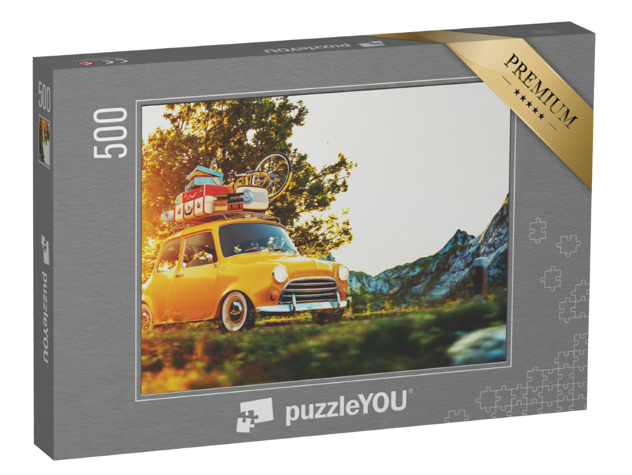 Puzzle 500 Teile „Retro-Auto mit Koffern und Fahrrad im Sonnenuntergang“