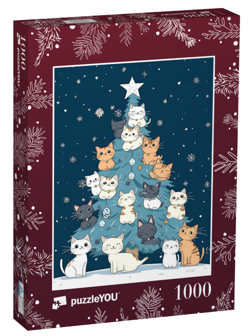 Puzzle 1000 Teile „Winter-Illustration: Weihnachtsbaum voller süßer Katzen“