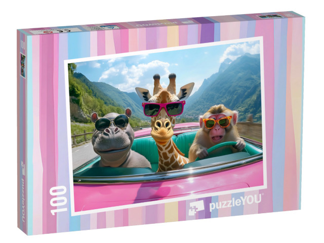 Puzzle 100 Teile „Nilpferd, Giraffe und Affe on Tour“