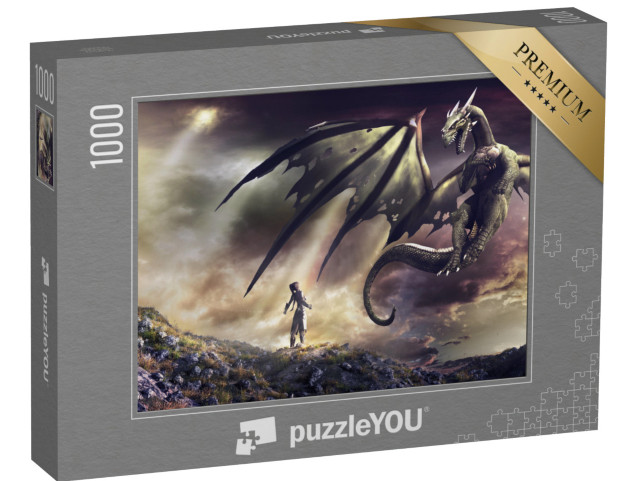 Puzzle 1000 Teile „Fantasielandschaft mit Burgruinen, Zauberin und grünem Drachen“