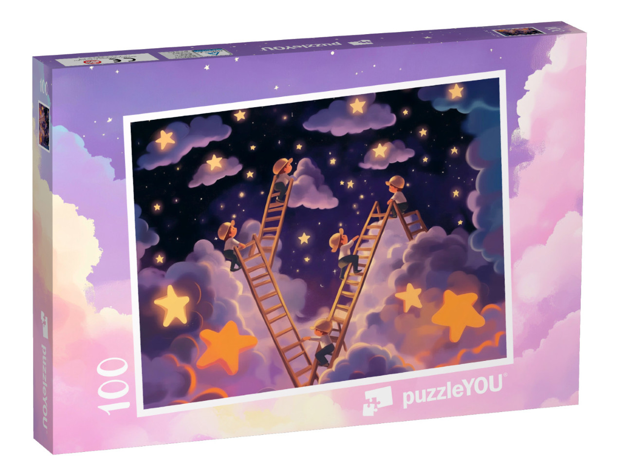 Puzzle 100 Teile „Lila Wolkenschloss voller Sternchen und Himmelsleitern“
