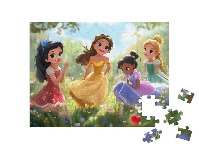 Puzzle 100 Teile „Prinzessinnen in bunten Ballkleidern im Blumengarten“