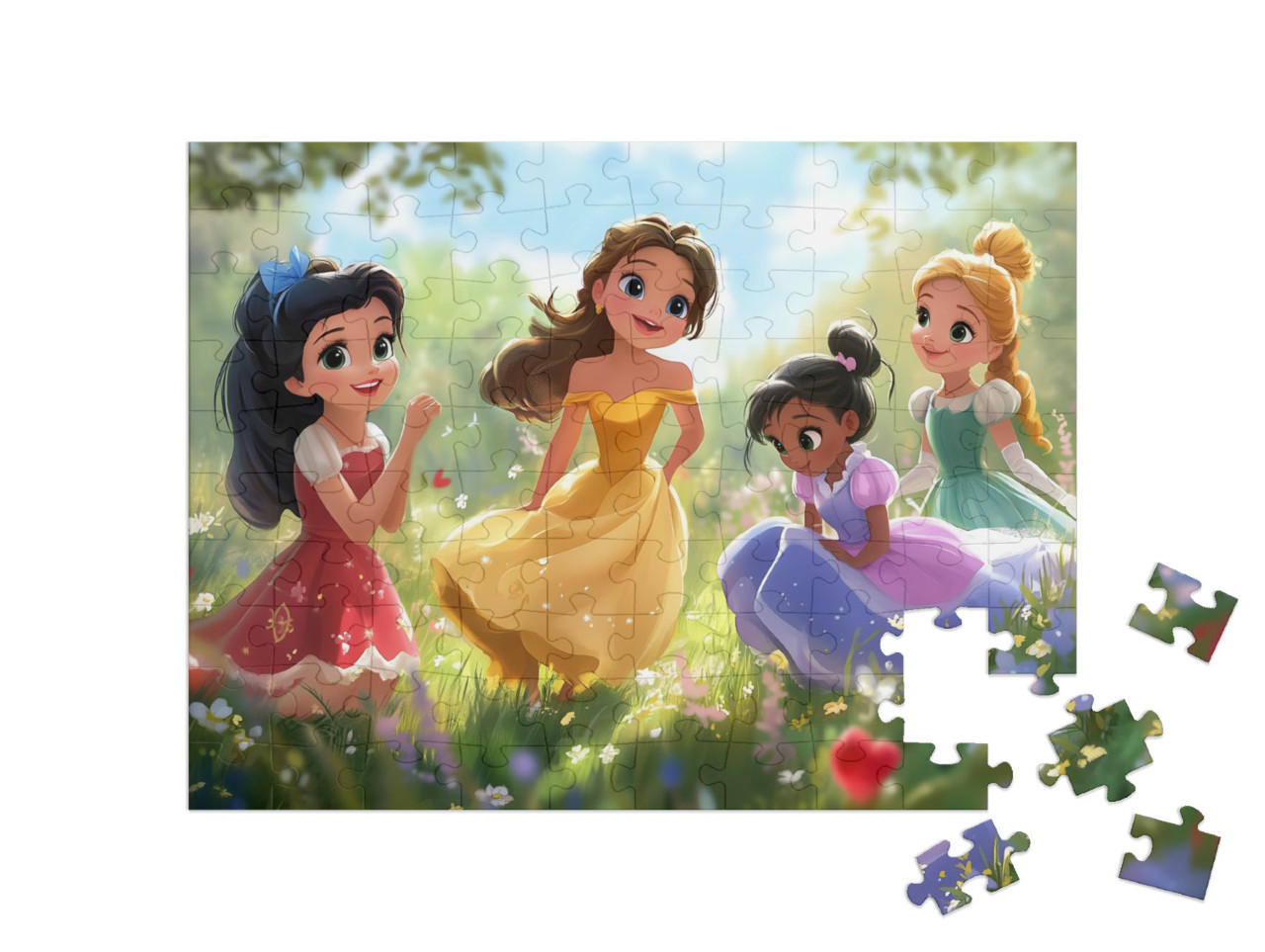 Puzzle 100 Teile „Prinzessinnen in bunten Ballkleidern im Blumengarten“