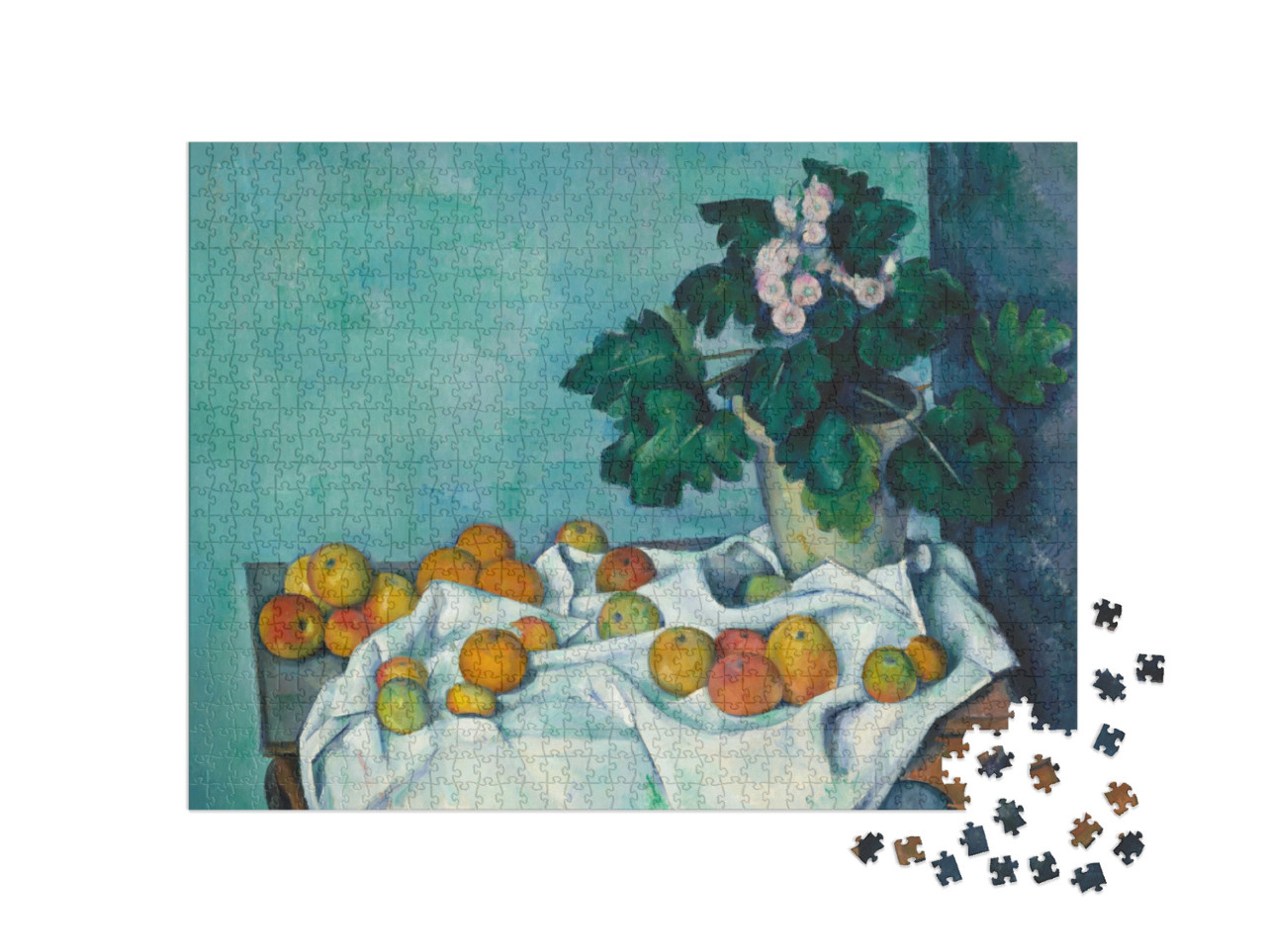 Puzzle 1000 Teile „Paul Cézanne - Stilleben mit Äpfeln und einem Topf mit Schlüsselblumen“