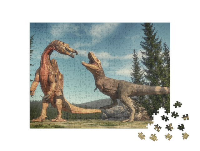 Puzzle 500 Teile „Kampf zwischen Spinosaurus und T Rex auf dem Jurassic Valley“