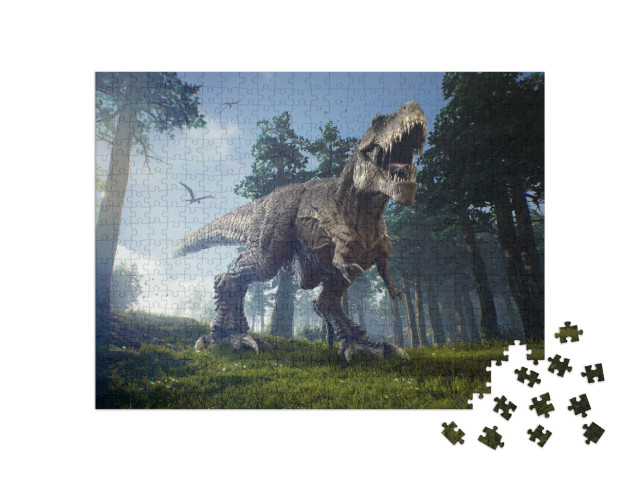 Puzzle 500 Teile „Jagdgründe eines Tyrannosaurus Rex mit zwei Quetzalcoatlus“