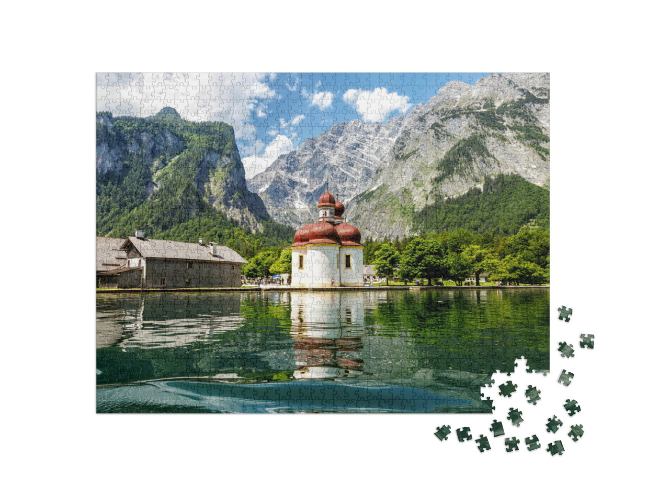 Puzzle 1000 Teile „Blick vom Königssee auf Kirche St. Bartholomäus, Bayern“