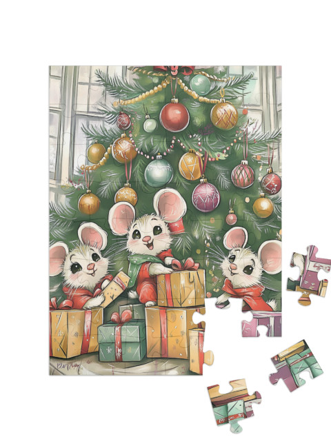 Puzzle 48 Teile „Mäusekinder öffnen ihre Geschenke“