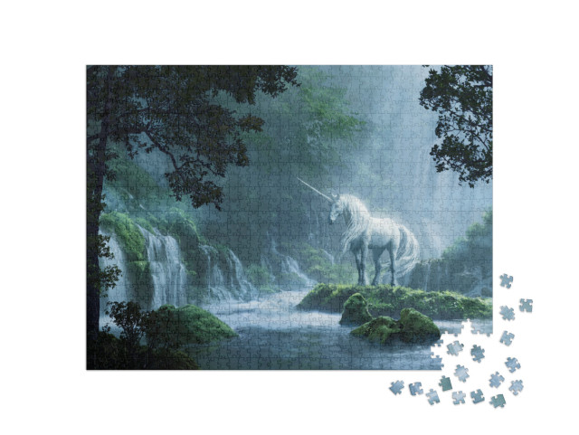 Puzzle 1000 Teile „Ein schönes Einhorn in einem magischen Wald, digitale Illustration“