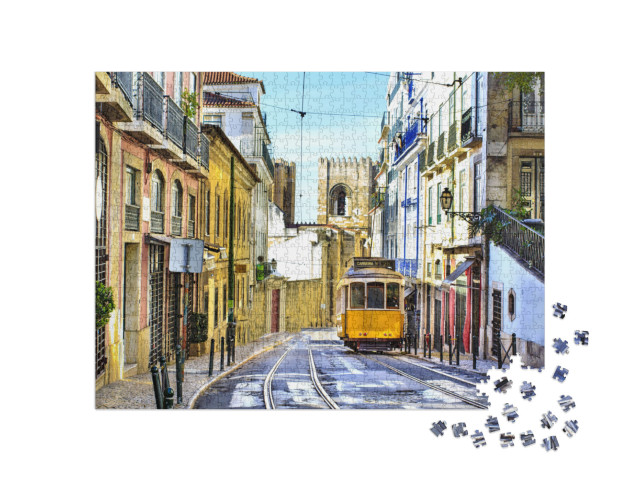 Puzzle 1000 Teile „Straße in Lissabon mit der typischen gelben Straßenbahn“