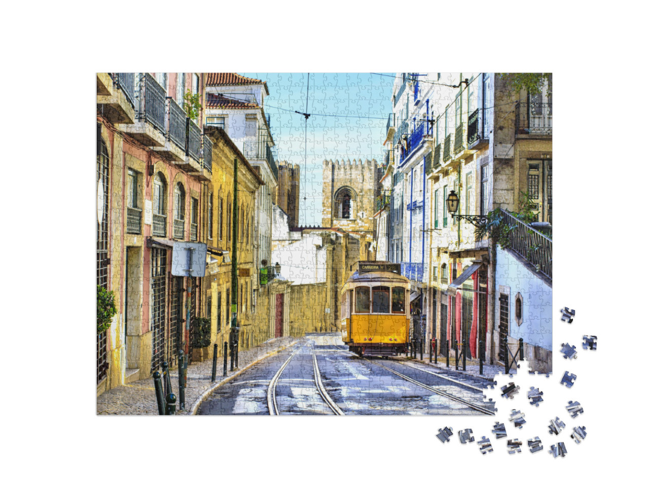 Puzzle 1000 Teile „Straße in Lissabon mit der typischen gelben Straßenbahn“