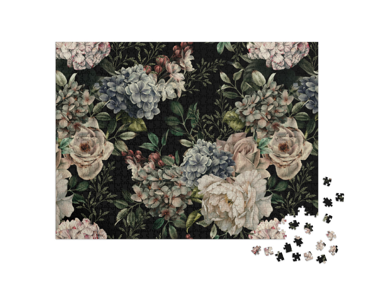 Puzzle 1000 Teile „Nahtloses florales Muster, Blumen auf dunklem Hintergrund, Aquarell“