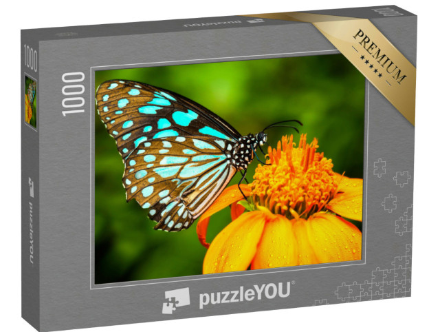 Puzzle 1000 Teile „Naturszene: blauer Schmetterling auf einer gelben Blüte“
