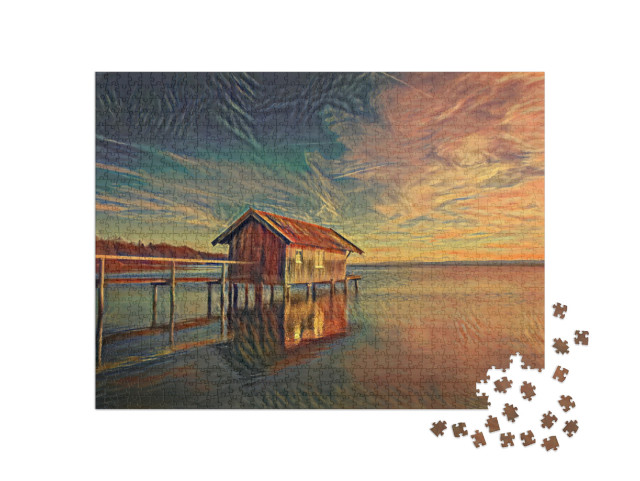 Puzzle 1000 Teile „im Stil von Edvard Munch, Der Schrei - Seehaus in Stegen am Ammersee in Bayern“