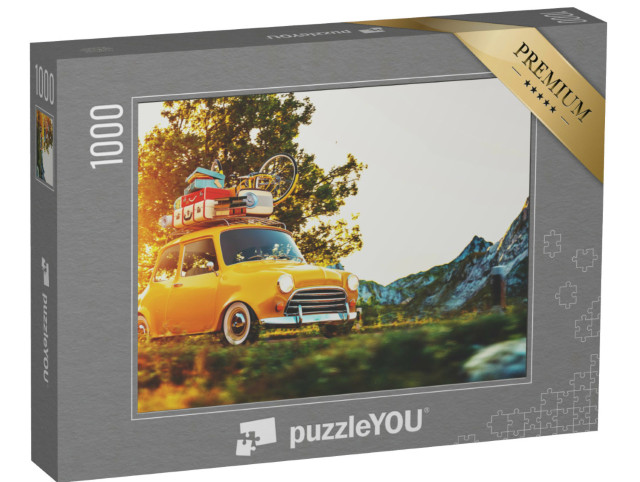 Puzzle 1000 Teile „Retro-Auto mit Koffern und Fahrrad im Sonnenuntergang“