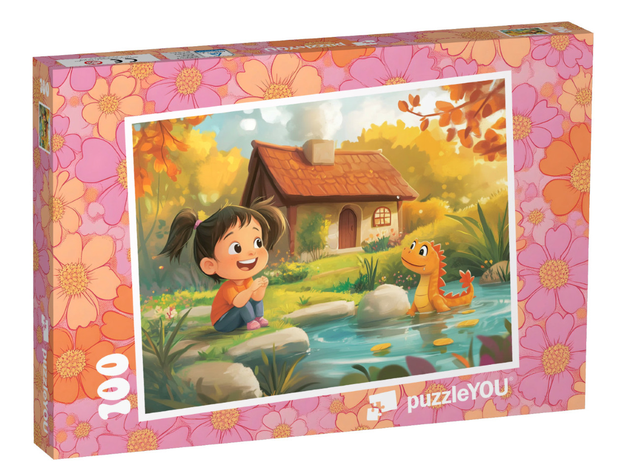 Puzzle 100 Teile „Das Mädchen und ihr kleiner Drache im Märchenland“