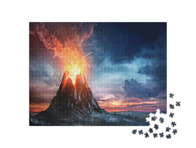 Puzzle 1000 Teile „Vulkanischer Berg in Eruption, Vulkanausbruch, 3D-Illustration“