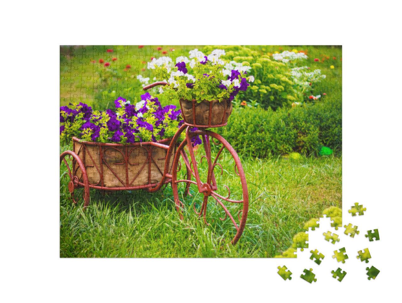 Puzzle 500 Teile „Kreative Gartendekoration: Altes Fahrrad mit Blumenkorb“