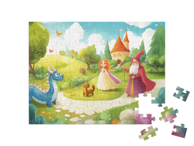 Puzzle 100 Teile „Prinzessin, Drache und Zauberer im Märchenland“