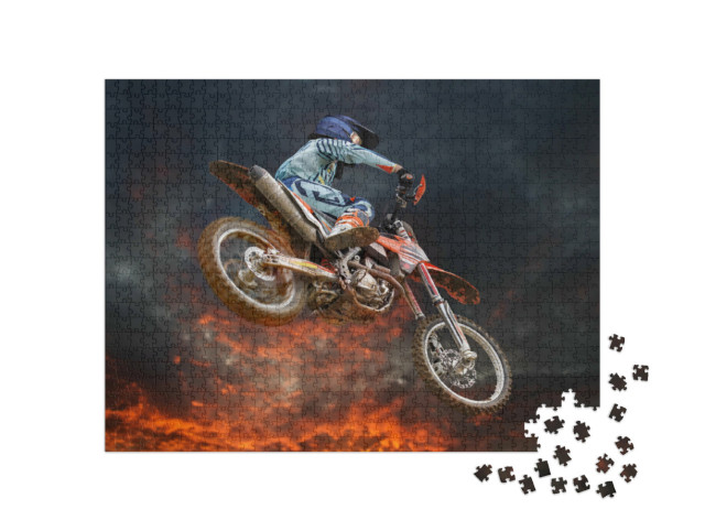 Puzzle 1000 Teile „Motocross-Stunt unter glühendem Abendhimmel“