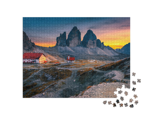 Puzzle 1000 Teile „Drei Zinnen mit Rifugio Locatelli-Hütte , Dolomiten, Italien“