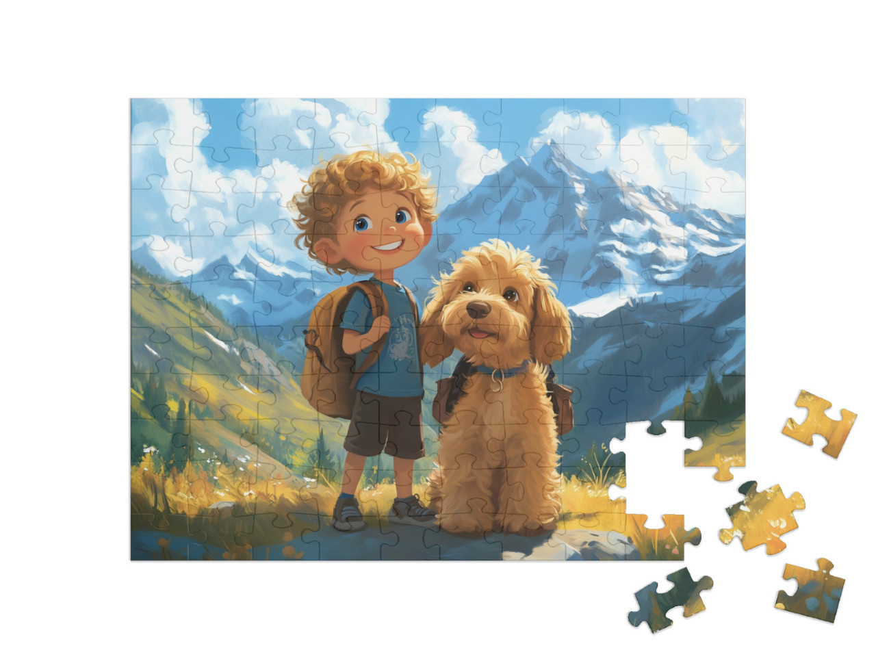 Puzzle 100 Teile „Auf Entdeckungstour im Gebirge mit Hund Leo“