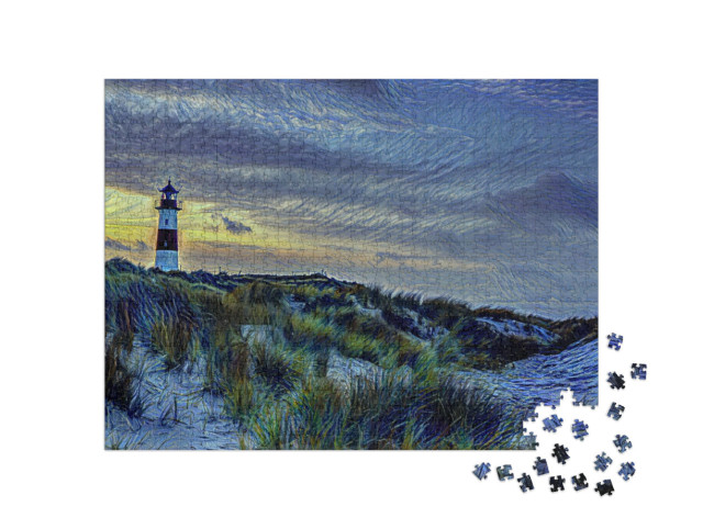 Puzzle 1000 Teile „im Kunst-Stil von van Gogh, Sternennacht - Nordischer Leuchtturm auf Sylt“