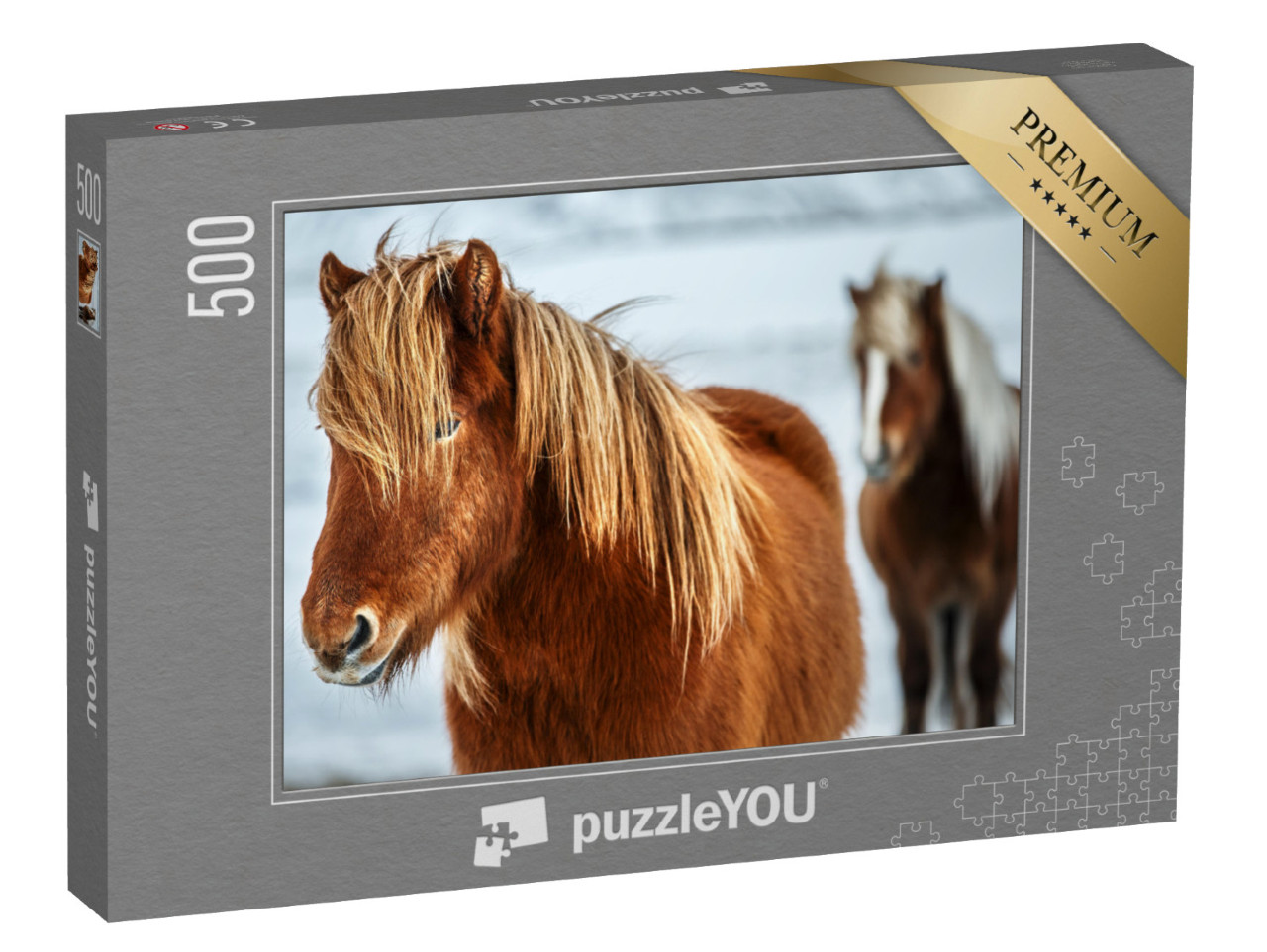 Puzzle 500 Teile „Porträt eines schönen Islandpferdes, im Hintergrund ein weiteres Pferd“